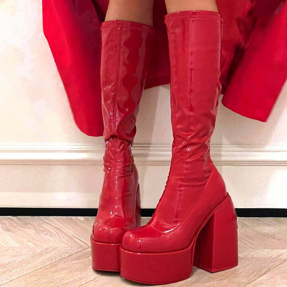 Y2K Bratz Shiny Red Boots - Retro 90s Grunge, Y2K Summer & Party Outfits, Popstar Style