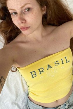 Y2K Brazil Letter Print Strapless Top - Retro 90s Grunge, Summer Party & Club Outfit