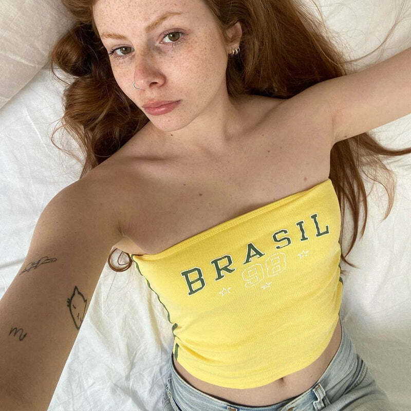 Y2K Brazil Letter Print Strapless Top - Retro 90s Grunge, Summer Party & Club Outfit