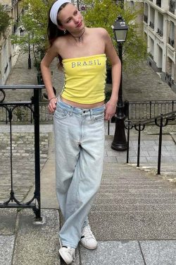 Y2K Brazil Letter Print Strapless Top - Retro 90s Grunge, Summer Party & Club Outfit