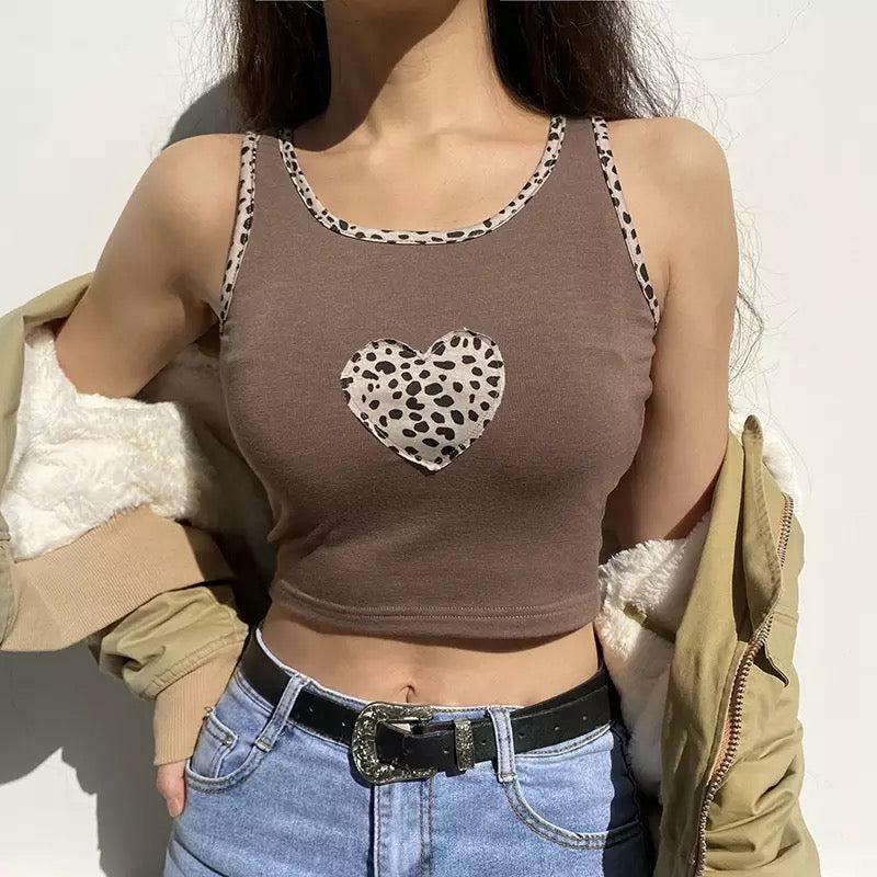 Y2K Brown Leopard Heart Crop Top - 90s Grunge, Retro Summer, Pastel Goth, Y2K Party Outfit