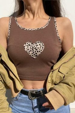 Y2K Brown Leopard Heart Crop Top - 90s Grunge, Retro Summer, Pastel Goth, Y2K Party Outfit
