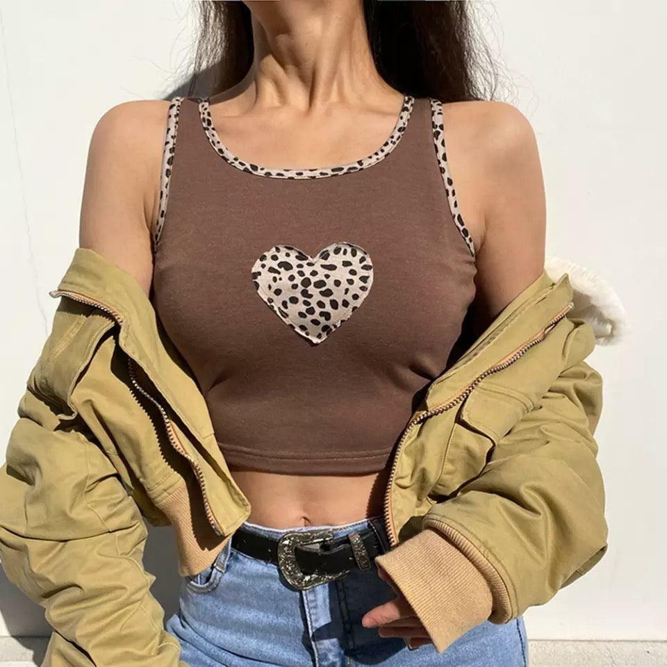 Y2K Brown Leopard Heart Crop Top - 90s Grunge, Retro Summer, Pastel Goth, Y2K Party Outfit