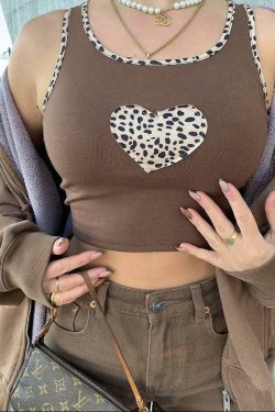 Y2K Brown Leopard Heart Crop Top - 90s Grunge, Retro Summer, Pastel Goth, Y2K Party Outfit