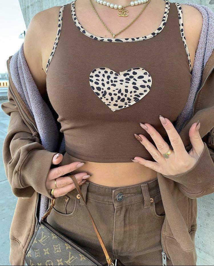 Y2K Brown Leopard Heart Crop Top - 90s Grunge, Retro Summer, Pastel Goth, Y2K Party Outfit