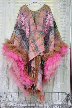 Y2K Brown Print Tassel Tulle Patchwork Knit Cape Dress - Grunge, Retro, 90s, Summer, Party Outfit