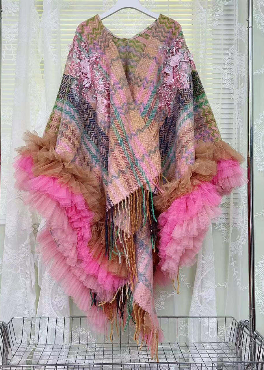 Y2K Brown Print Tassel Tulle Patchwork Knit Cape Dress - Grunge, Retro, 90s, Summer, Party Outfit