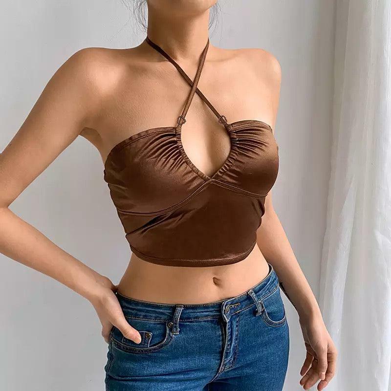 Y2K Brownie Crisscross Top - 90s Grunge, Retro Summer, Y2K Party, Club, and Popstar Out