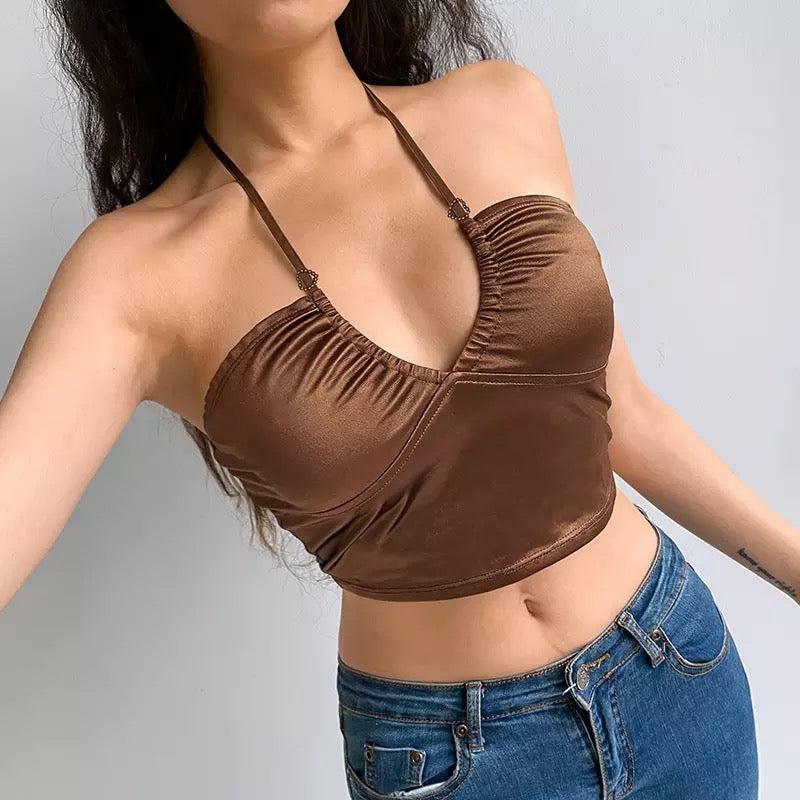 Y2K Brownie Crisscross Top - 90s Grunge, Retro Summer, Y2K Party, Club, and Popstar Out