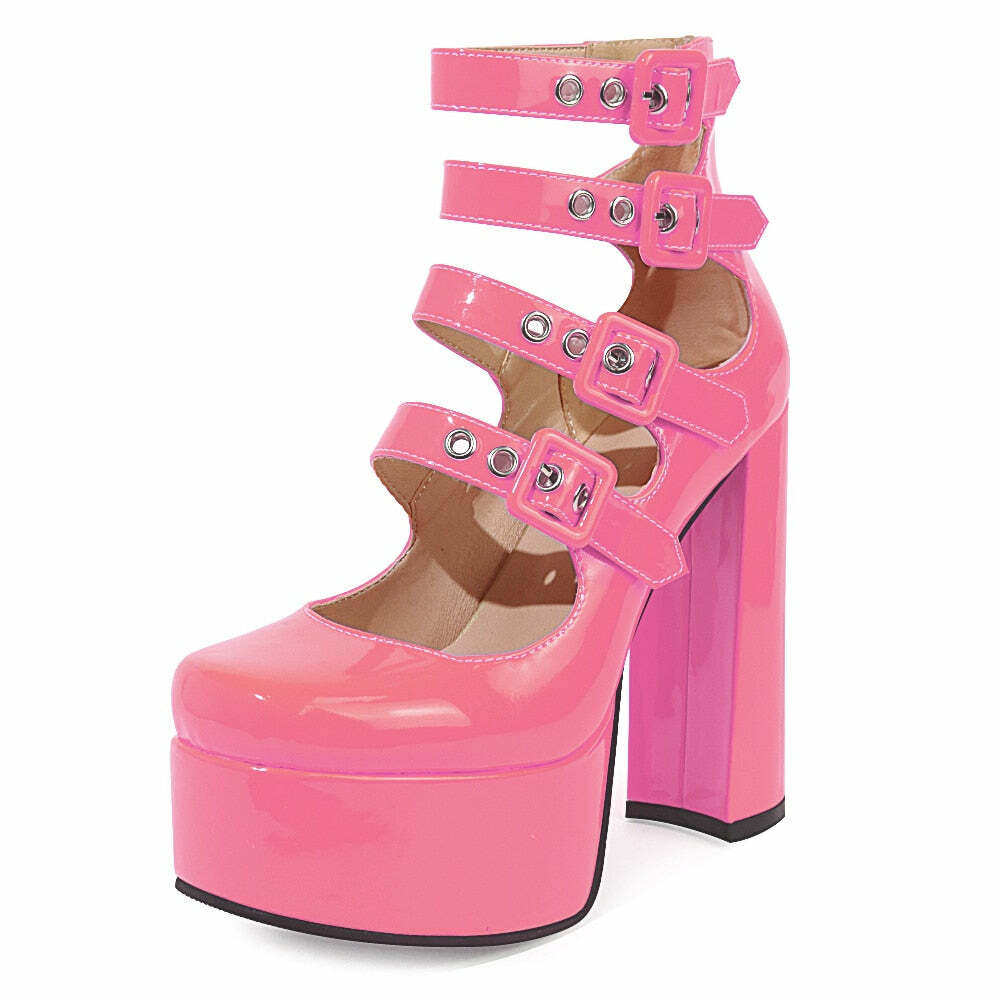 Y2K Bubblegum Pink High Heels Mary Janes - Retro 90s Grunge, Pastel Goth, Y2K Party Outfits