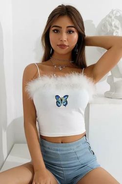 Y2K Butterfly Fur Lined Crop Top - Retro 90s Grunge, Summer Y2K Outfits, Pastel Goth Fashion