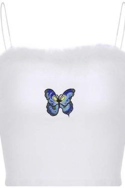 Y2K Butterfly Fur Lined Crop Top - Retro 90s Grunge, Summer Y2K Outfits, Pastel Goth Fashion