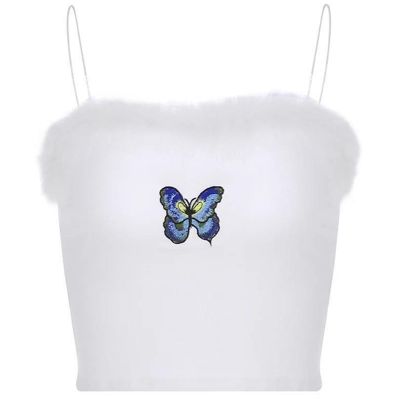 Y2K Butterfly Fur Lined Crop Top - Retro 90s Grunge, Summer Y2K Outfits, Pastel Goth Fashion