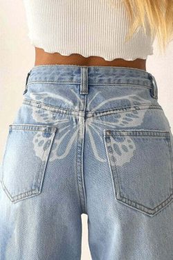 Y2K Butterfly High Waisted Jeans - 90s Grunge, Retro Summer, Y2K Club & Party Outfits