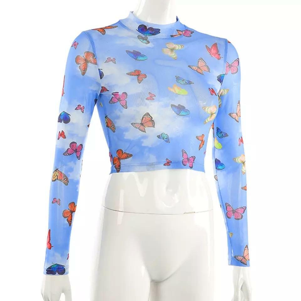 Y2K Butterfly Long-Sleeved Crop Top - 90s Grunge, Retro Summer, Pastel Goth, Y2K Party Outfit