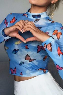 Y2K Butterfly Long-Sleeved Crop Top - 90s Grunge, Retro Summer, Pastel Goth, Y2K Party Outfit