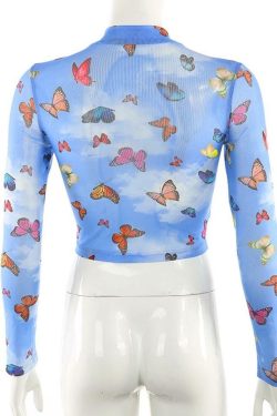 Y2K Butterfly Long-Sleeved Crop Top - 90s Grunge, Retro Summer, Pastel Goth, Y2K Party Outfit