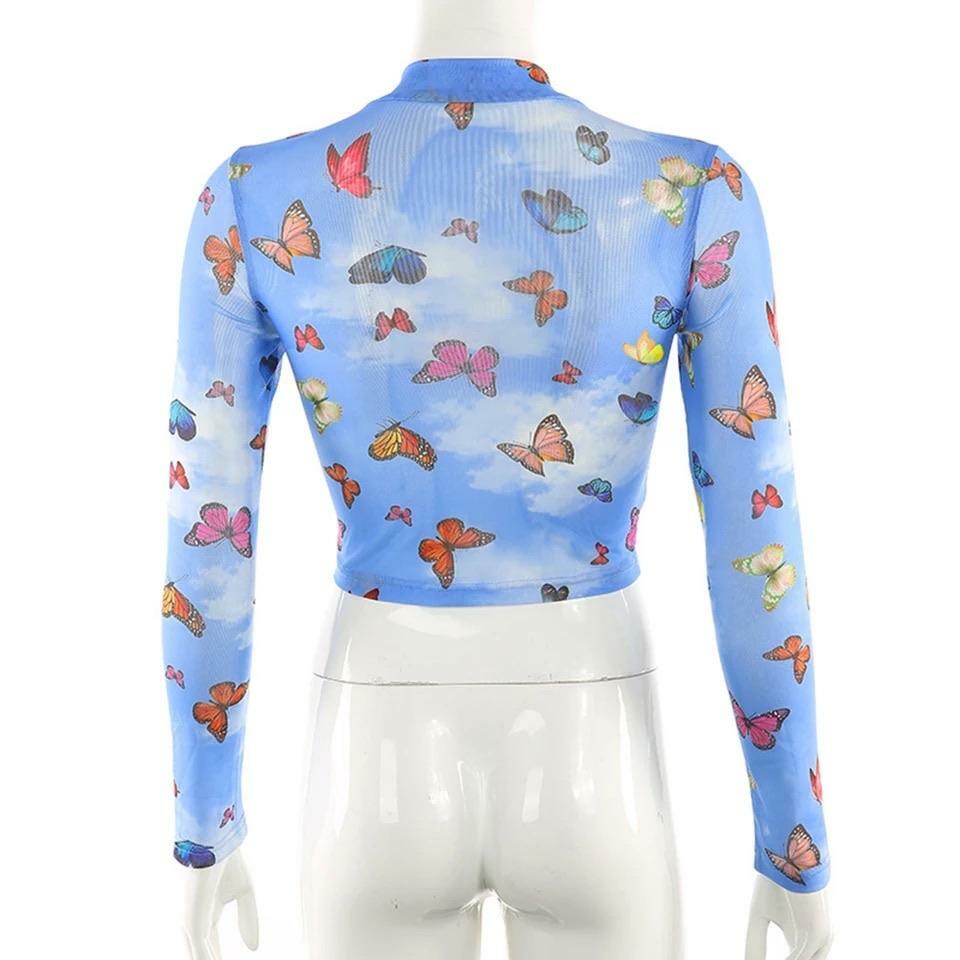 Y2K Butterfly Long-Sleeved Crop Top - 90s Grunge, Retro Summer, Pastel Goth, Y2K Party Outfit