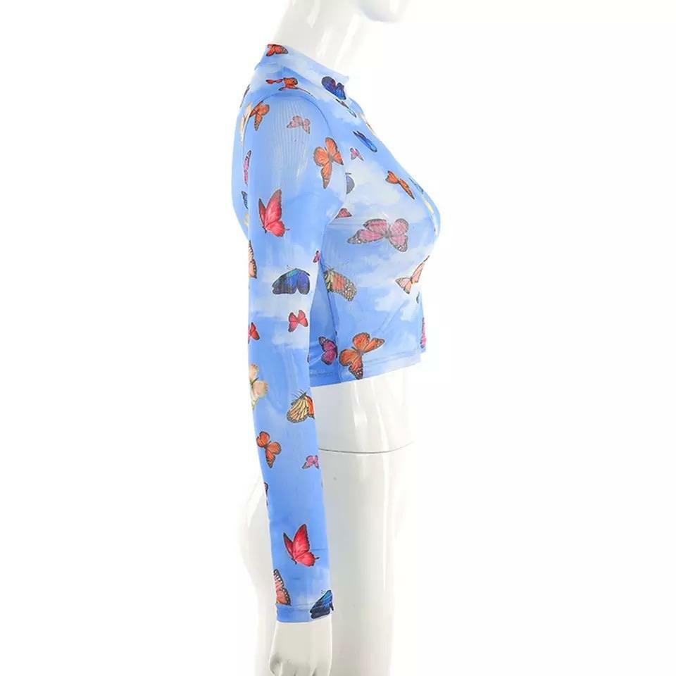 Y2K Butterfly Long-Sleeved Crop Top - 90s Grunge, Retro Summer, Pastel Goth, Y2K Party Outfit