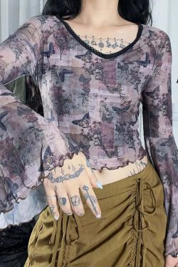 Y2K Butterfly Long Bell Sleeve Crop Top - 90s Grunge, Retro Summer, Pastel Goth, Party Outfit