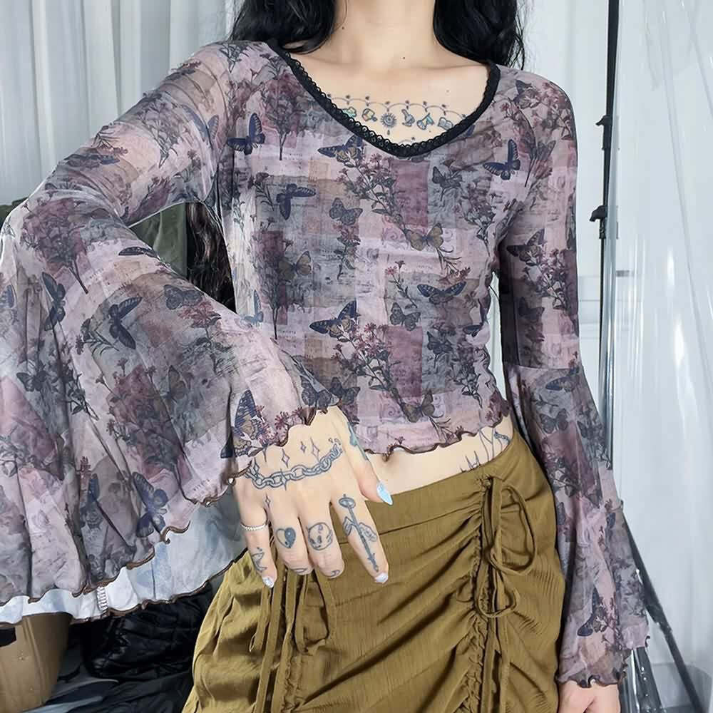 Y2K Butterfly Long Bell Sleeve Crop Top - 90s Grunge, Retro Summer, Pastel Goth, Party Outfit