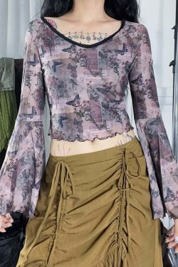 Y2K Butterfly Long Bell Sleeve Crop Top - 90s Grunge, Retro Summer, Pastel Goth, Party Outfit