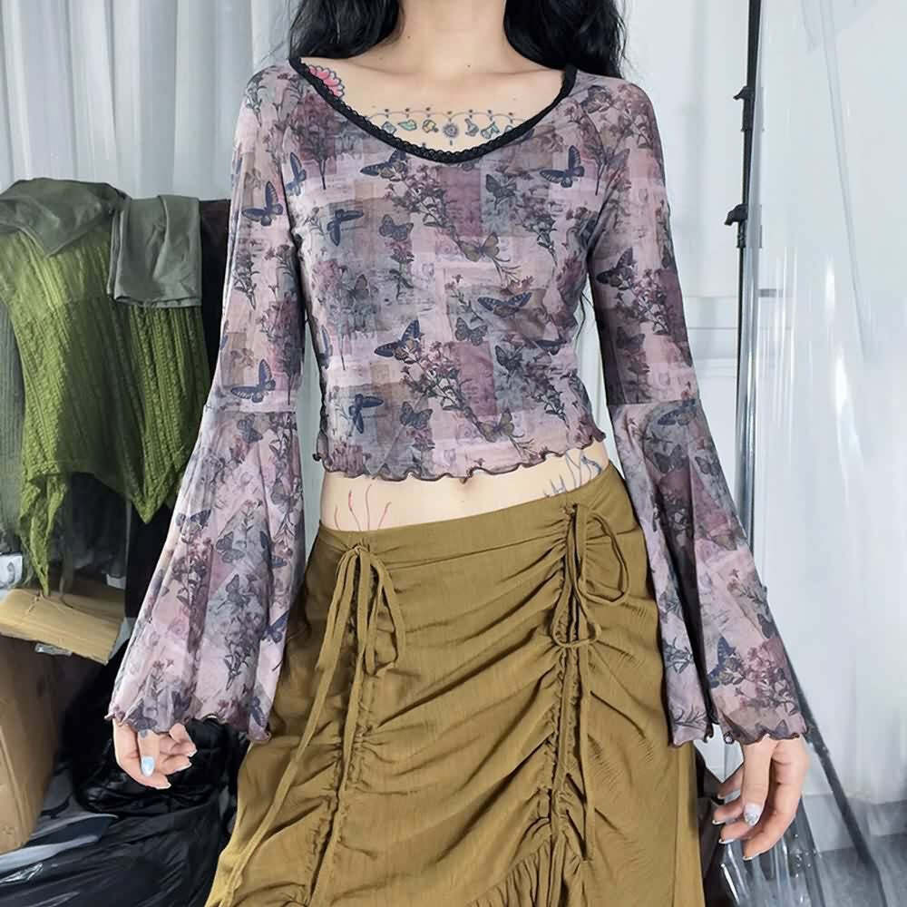 Y2K Butterfly Long Bell Sleeve Crop Top - 90s Grunge, Retro Summer, Pastel Goth, Party Outfit