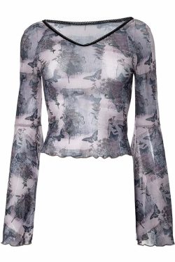 Y2K Butterfly Long Bell Sleeve Crop Top - 90s Grunge, Retro Summer, Pastel Goth, Party Outfit