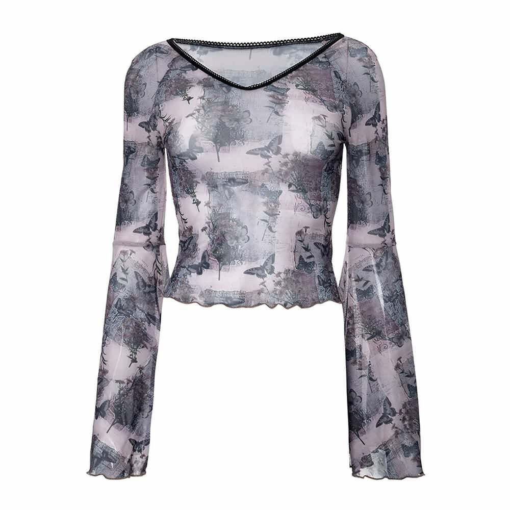 Y2K Butterfly Long Bell Sleeve Crop Top - 90s Grunge, Retro Summer, Pastel Goth, Party Outfit