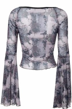 Y2K Butterfly Long Bell Sleeve Crop Top - 90s Grunge, Retro Summer, Pastel Goth, Party Outfit