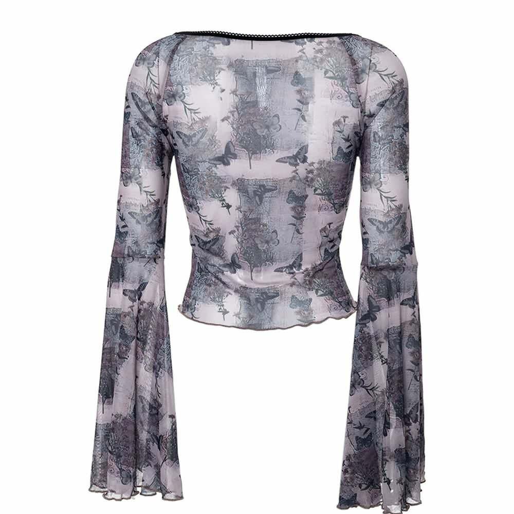 Y2K Butterfly Long Bell Sleeve Crop Top - 90s Grunge, Retro Summer, Pastel Goth, Party Outfit