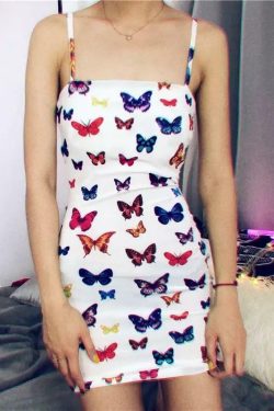 Y2K Butterfly Pattern Dress - 90s Grunge, Retro Summer Outfit, Pastel Goth, Y2K Party Fashion