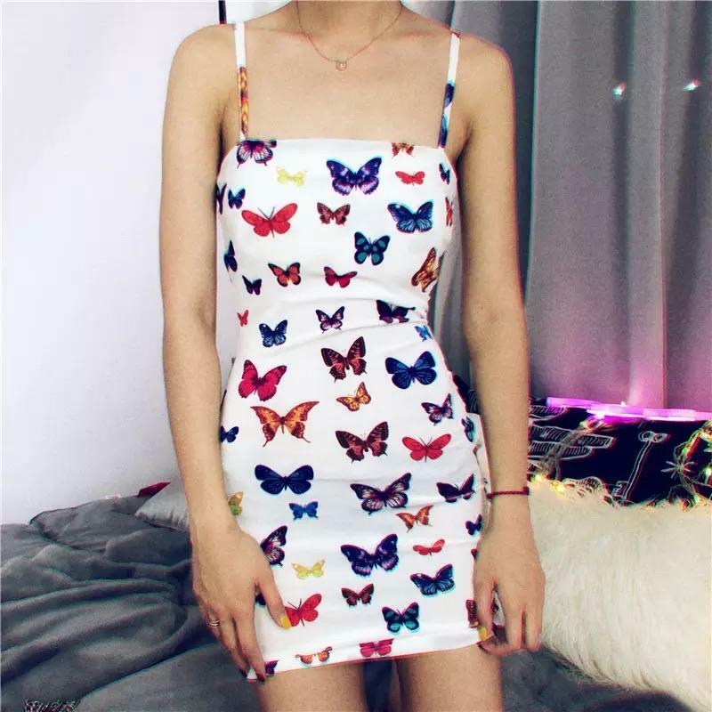 Y2K Butterfly Pattern Dress - 90s Grunge, Retro Summer Outfit, Pastel Goth, Y2K Party Fashion