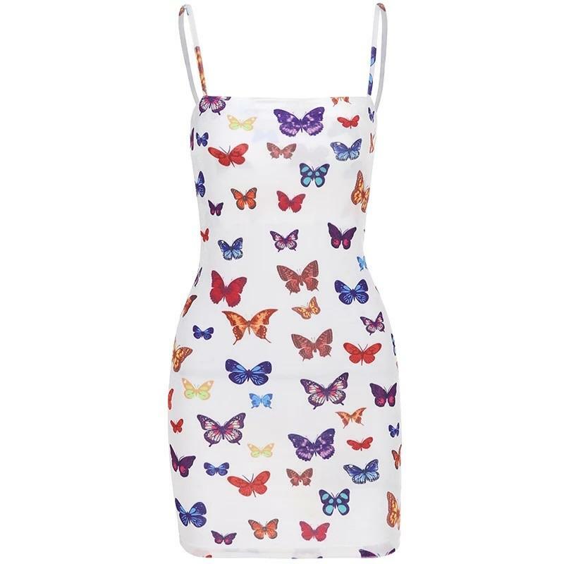 Y2K Butterfly Pattern Dress - 90s Grunge, Retro Summer Outfit, Pastel Goth, Y2K Party Fashion