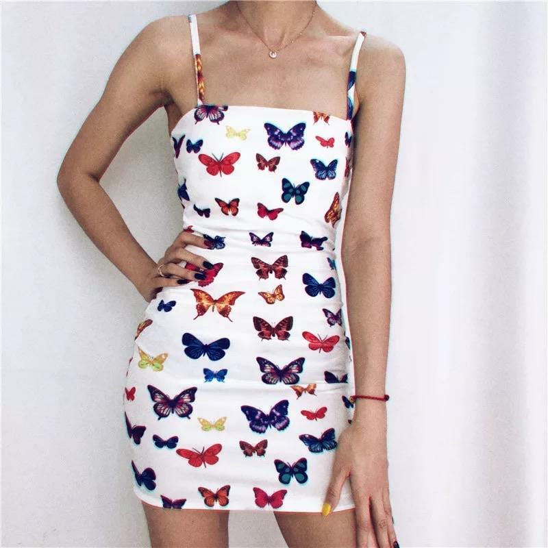 Y2K Butterfly Pattern Dress - 90s Grunge, Retro Summer Outfit, Pastel Goth, Y2K Party Fashion
