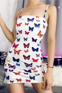 Y2K Butterfly Pattern Dress - 90s Grunge, Retro Summer Outfit, Pastel Goth, Y2K Party Fashion