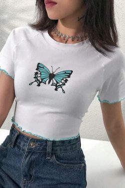 Y2K Butterfly Ruffled Crop Top - 90s Grunge, Retro Summer, Pastel Goth, Y2K Party Outfits