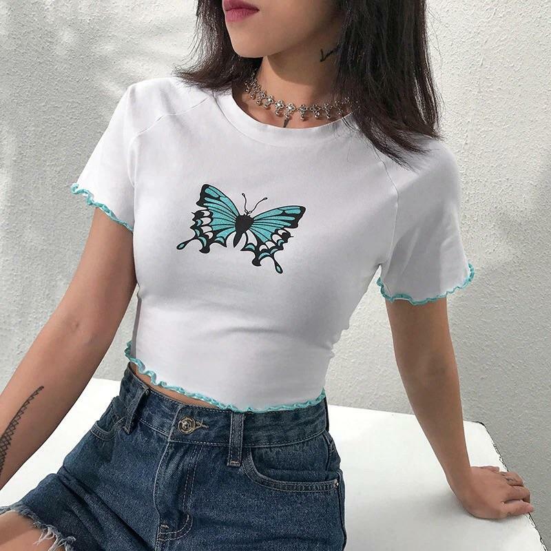 Y2K Butterfly Ruffled Crop Top - 90s Grunge, Retro Summer, Pastel Goth, Y2K Party Outfits