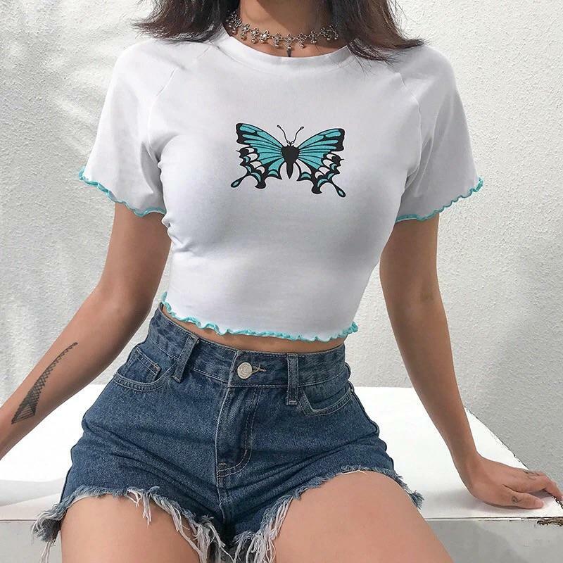 Y2K Butterfly Ruffled Crop Top - 90s Grunge, Retro Summer, Pastel Goth, Y2K Party Outfits