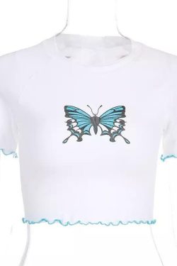 Y2K Butterfly Ruffled Crop Top - 90s Grunge, Retro Summer, Pastel Goth, Y2K Party Outfits