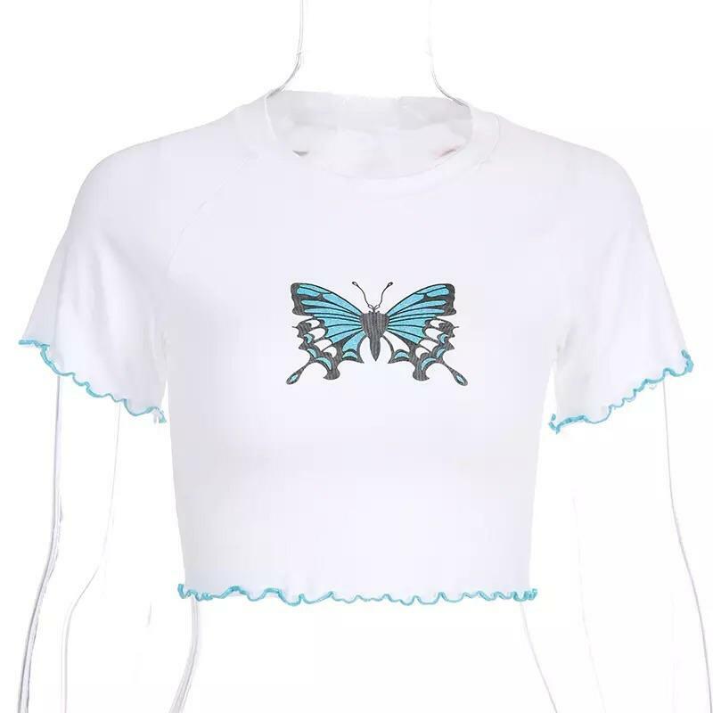 Y2K Butterfly Ruffled Crop Top - 90s Grunge, Retro Summer, Pastel Goth, Y2K Party Outfits