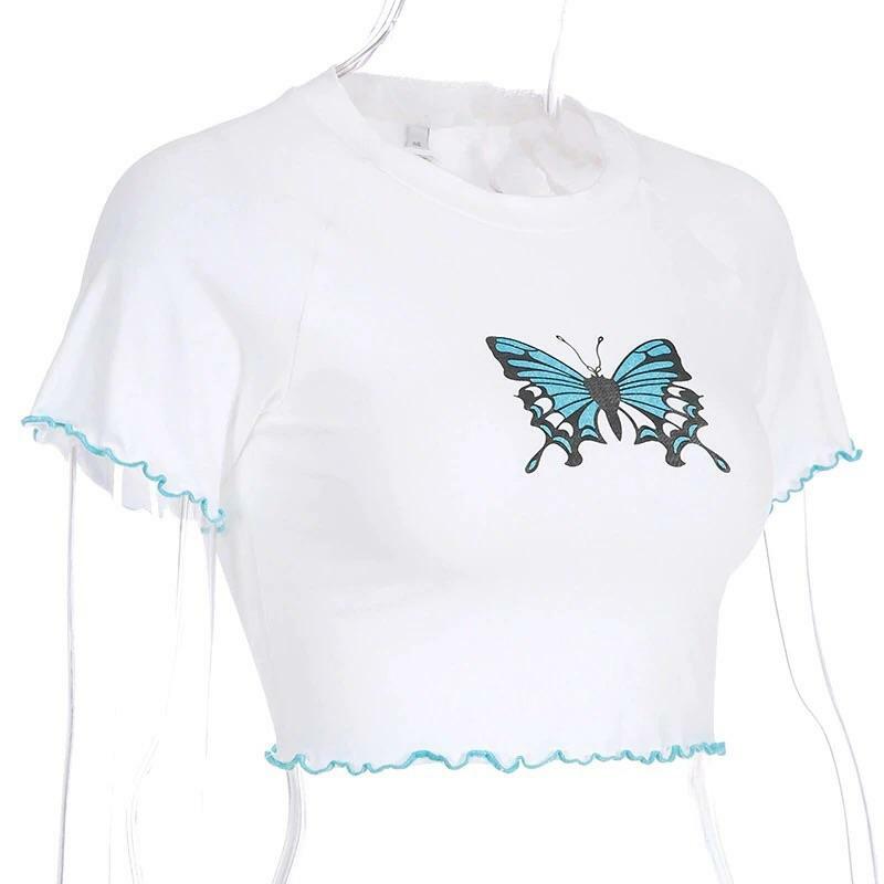 Y2K Butterfly Ruffled Crop Top - 90s Grunge, Retro Summer, Pastel Goth, Y2K Party Outfits