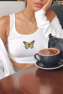 Y2K Butterfly White Crop Top - 90s Grunge, Retro Summer, Pastel Goth, Y2K Party & Club Outfits