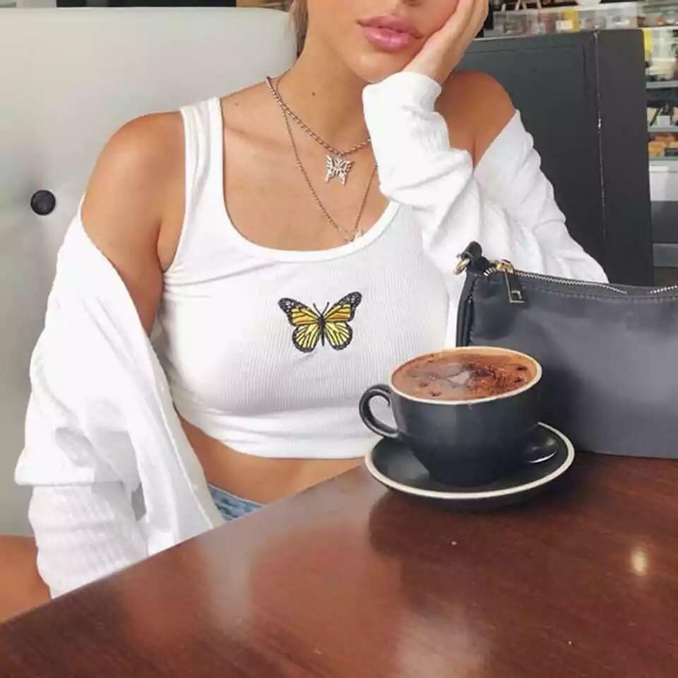 Y2K Butterfly White Crop Top - 90s Grunge, Retro Summer, Pastel Goth, Y2K Party & Club Outfits