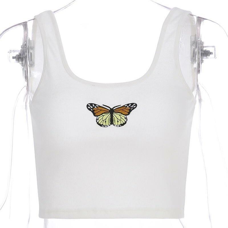 Y2K Butterfly White Crop Top - 90s Grunge, Retro Summer, Pastel Goth, Y2K Party & Club Outfits