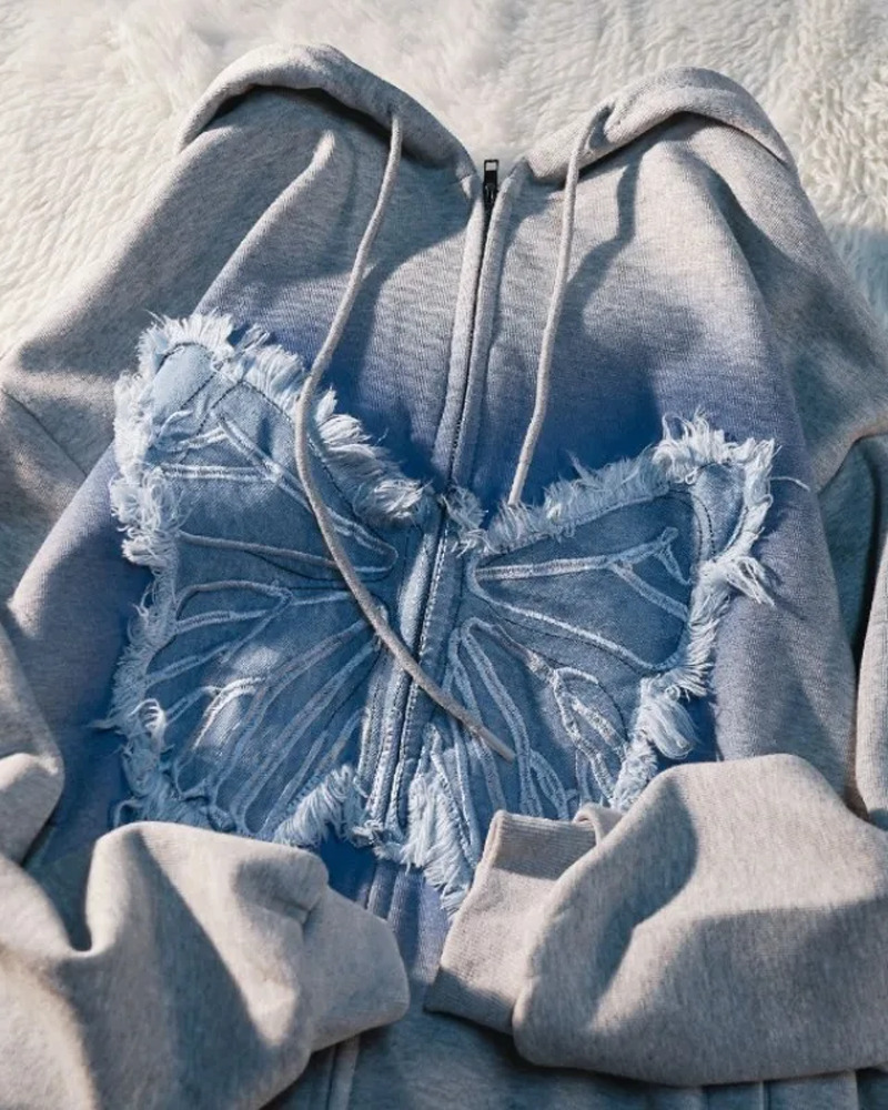 Y2K Butterfly Zip Up Hoodie - 90s Grunge, Retro Summer, Pastel Goth, Y2K Club & Party Outfits