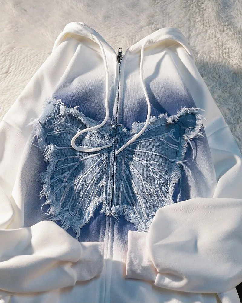Y2K Butterfly Zip Up Hoodie - 90s Grunge, Retro Summer, Pastel Goth, Y2K Club & Party Outfits