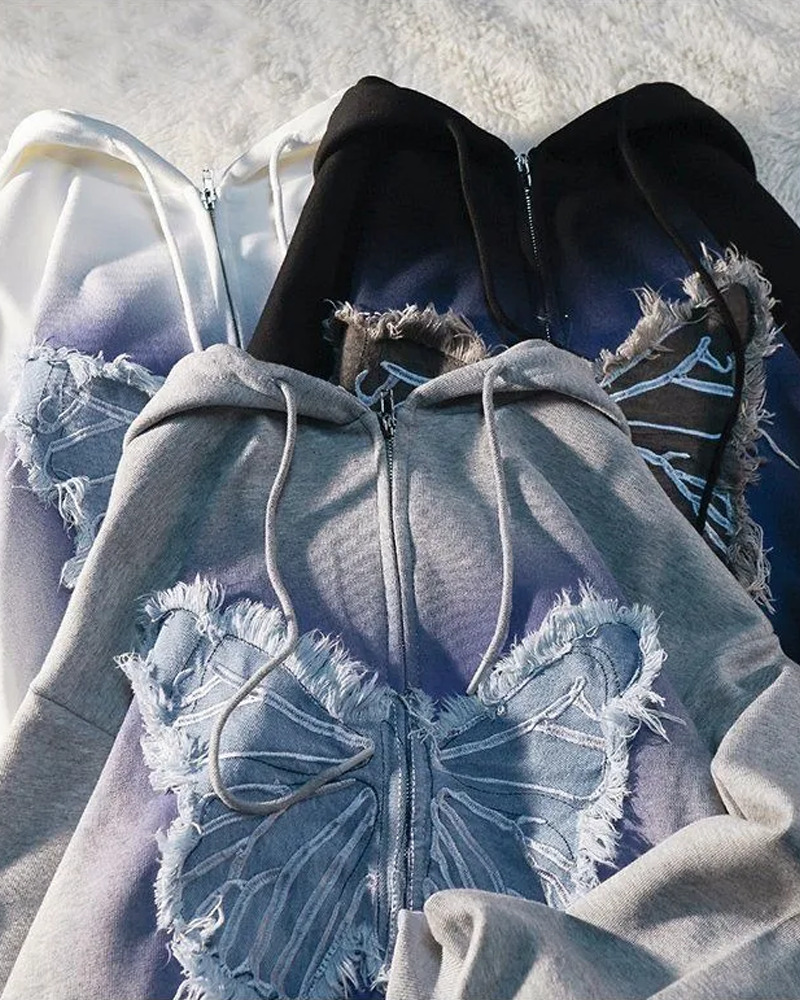Y2K Butterfly Zip Up Hoodie - 90s Grunge, Retro Summer, Pastel Goth, Y2K Club & Party Outfits