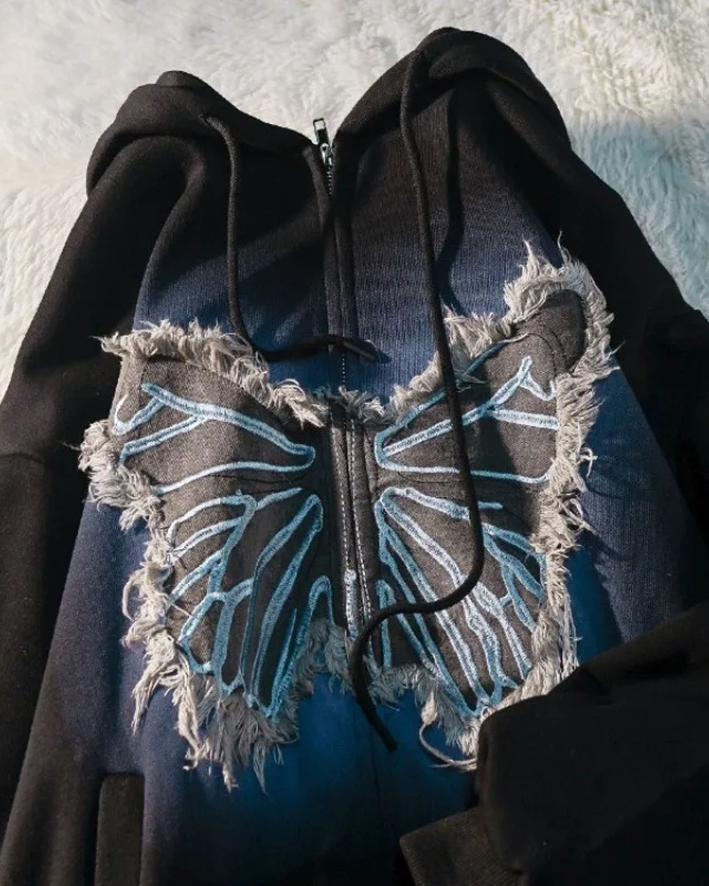 Y2K Butterfly Zip Up Hoodie - 90s Grunge, Retro Summer, Pastel Goth, Y2K Club & Party Outfits