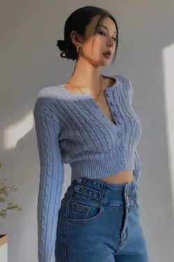Y2K Cable-Knit Button-Up Crop Top - 90s Grunge, Retro Summer, Pastel Goth, Y2K Party Outfit